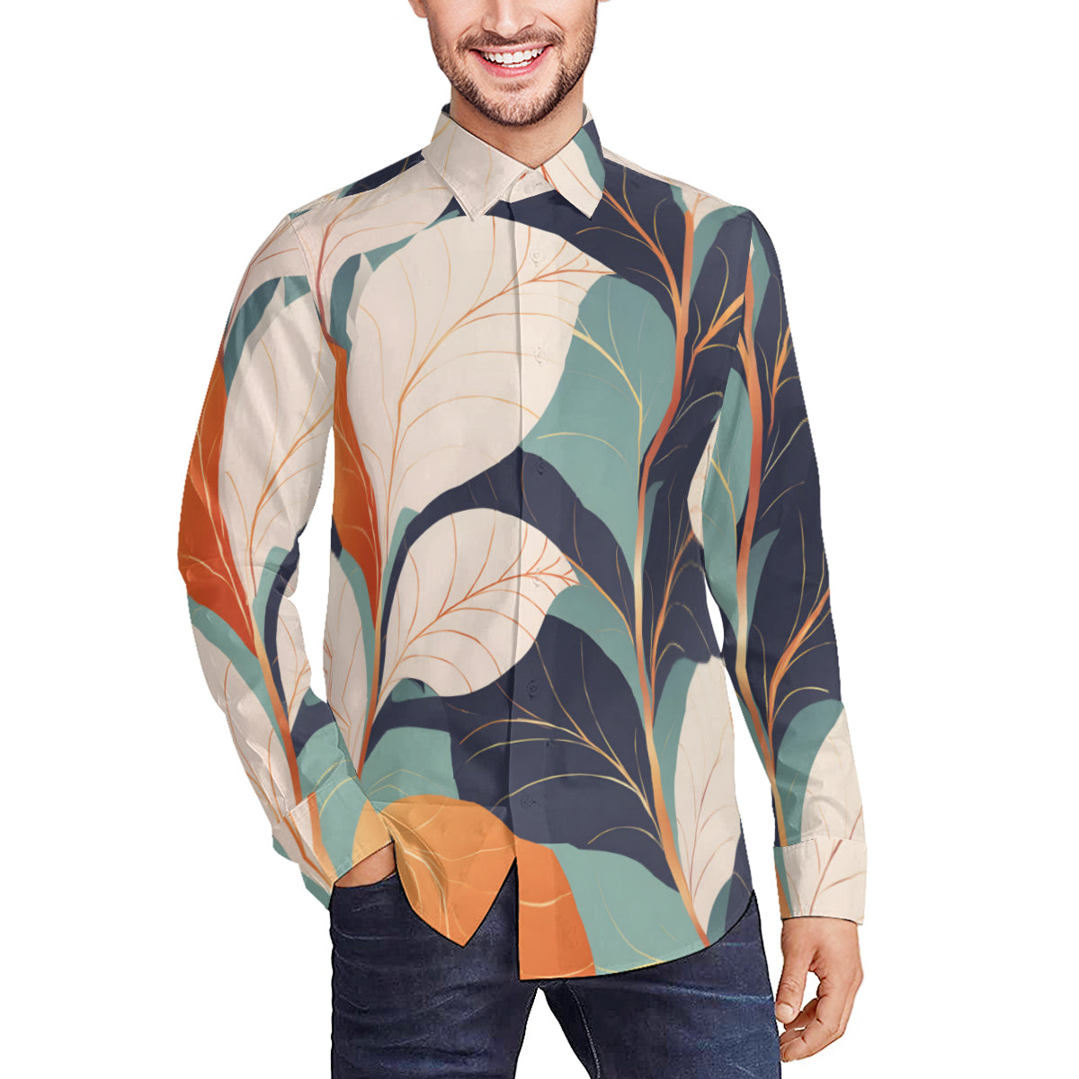 Elegant Floral Men's Classic Long-Sleeves Shirt | Polyester